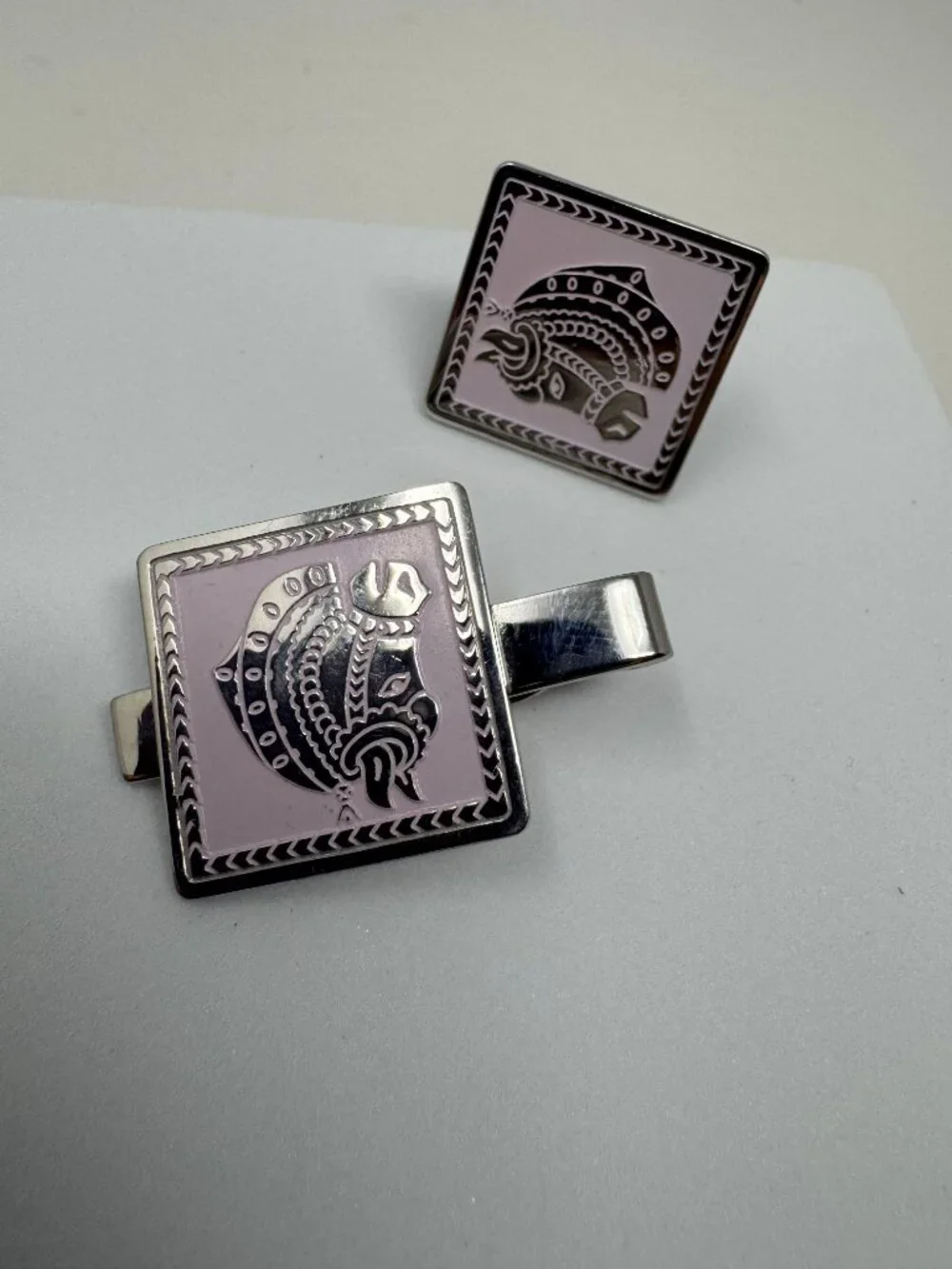 Vintage Swank Lavender Pink Enamel Horse Tie Clip & Single Cufflink